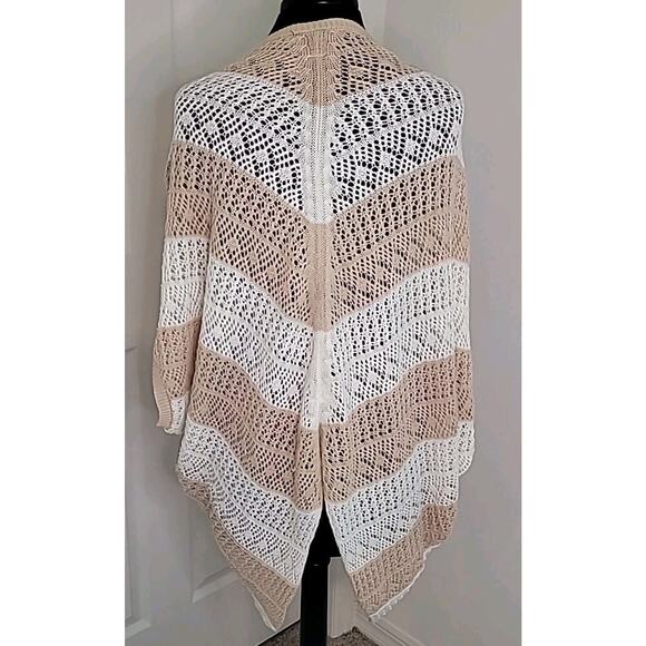 Romantic Boho Crochet Cardigan Poncho – Tan & White Stripe – Size Large - Picture 3 of 8